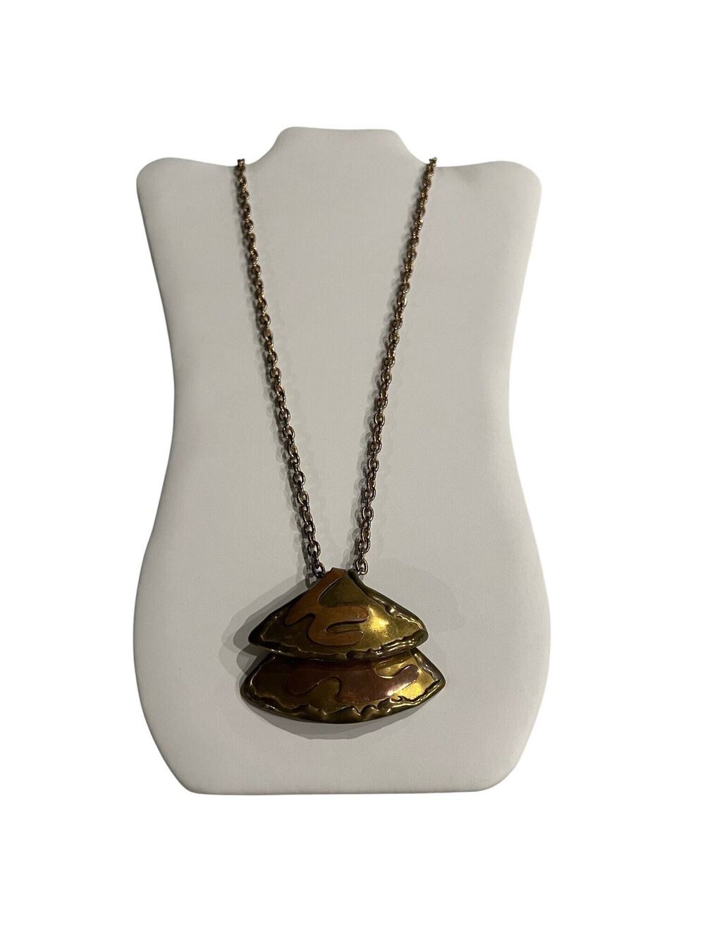 Vintage Brutalist Copper Brass Mixed Metal Pendant Necklace Signed 1970s